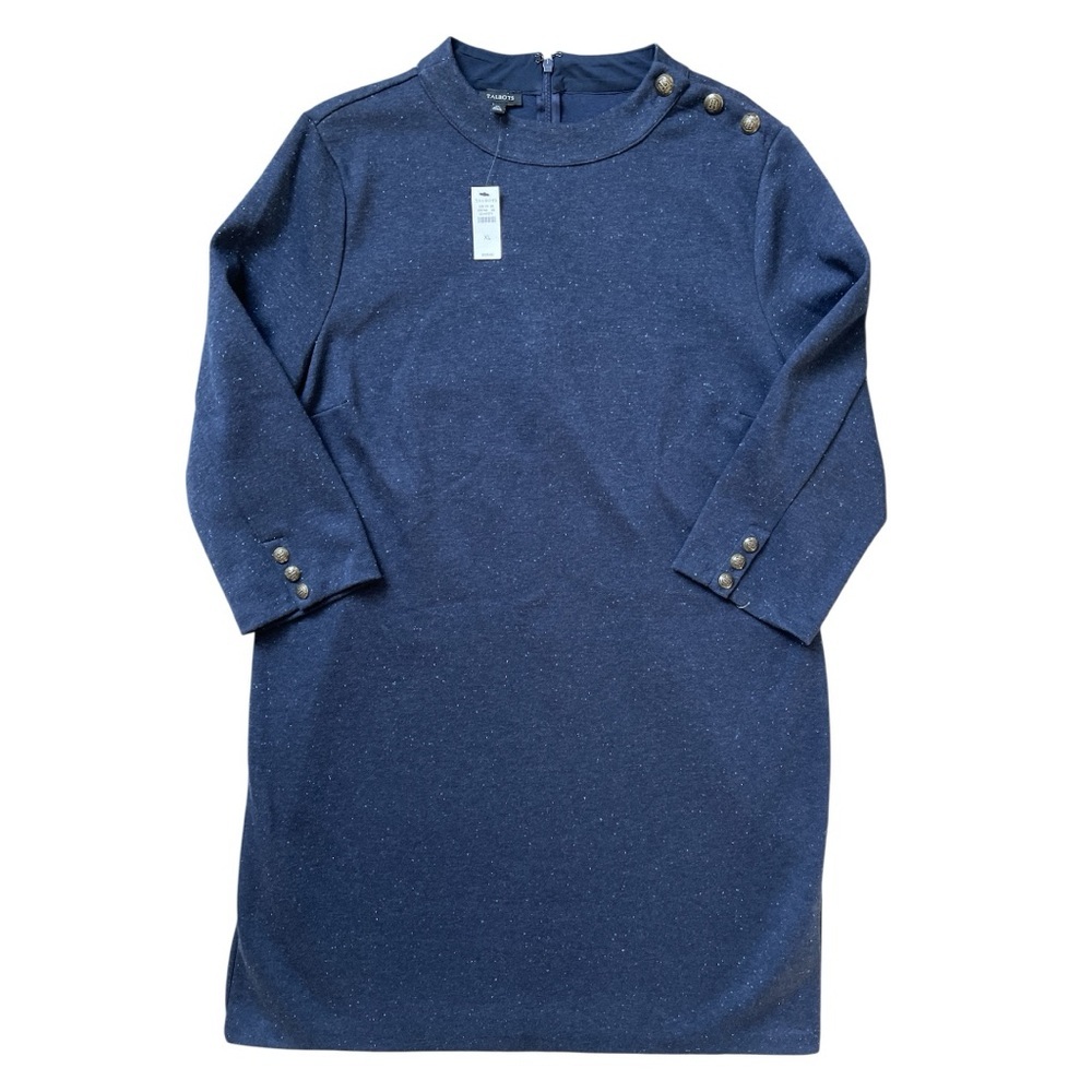 Talbots Heathered Shift Dress XL NWT Navy Button Shoulder Work Dress - Picture 2 of 4